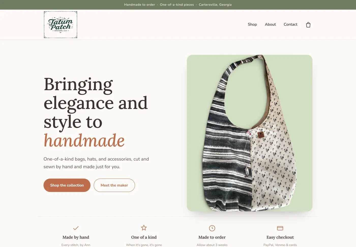 Screenshot of the Tatum Patch Designs website